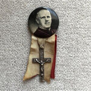 Vintage Roman Catholic Bishop Cardinal Confirmation Pin Button w Cross & Ribbon